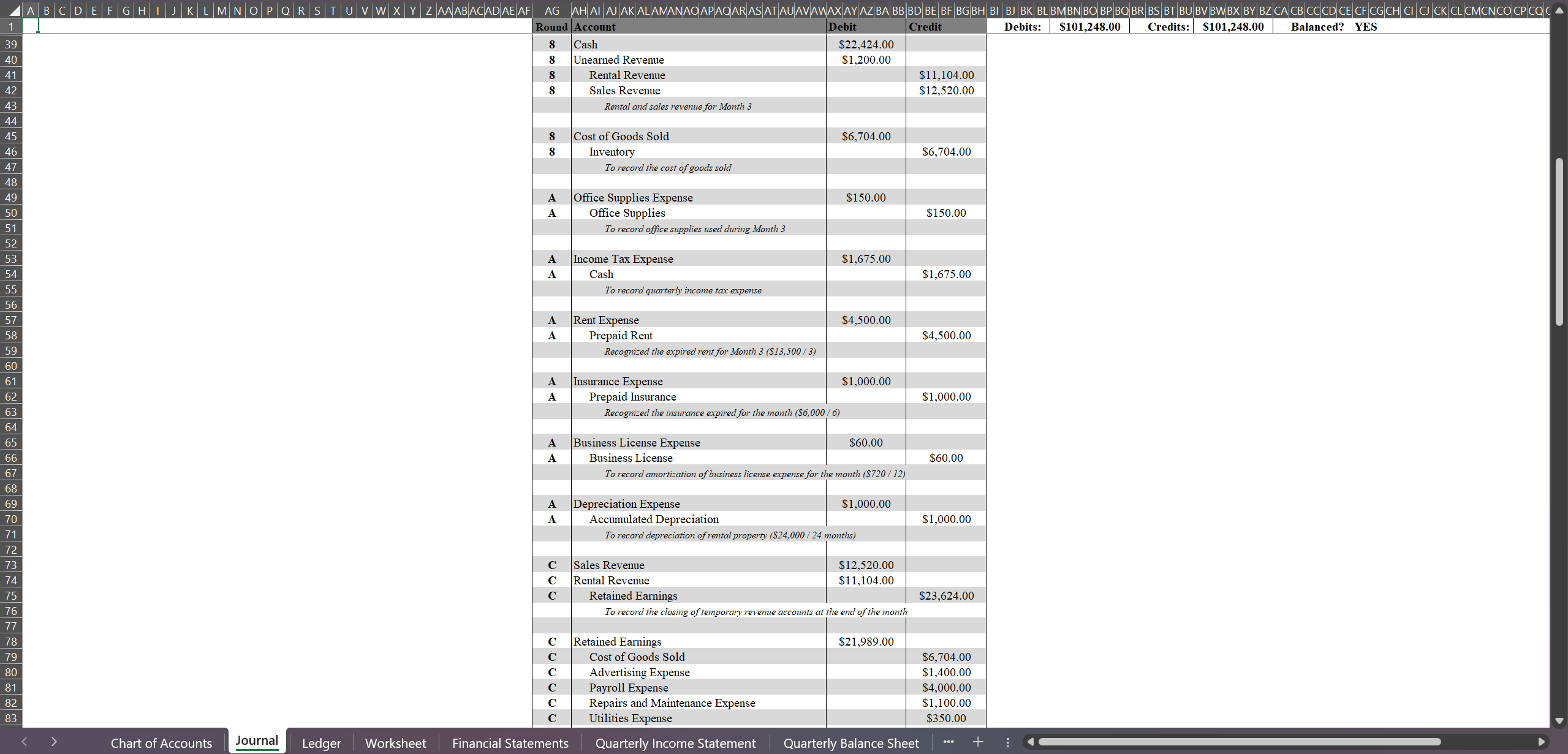 Excel General Journal — Month 3 entries